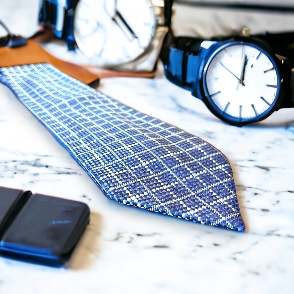 Mosaique 100% Silk Tie Blue and Silver Geometric Design